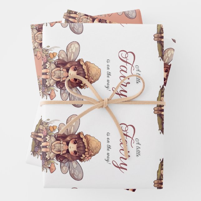 Enchanted Fairy with Mushrooms Girl Baby Shower Wrapping Paper Sheets (In situ)