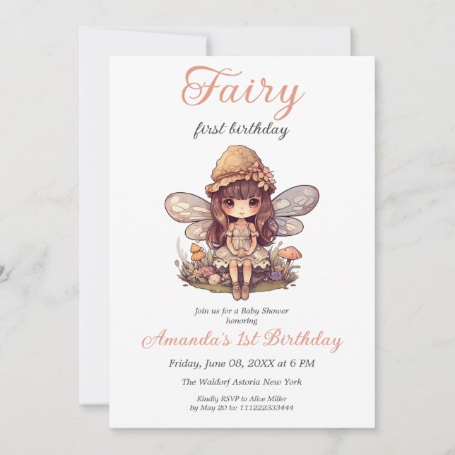Enchanted Fairy with Mushrooms Girl First Birthday Invitation (Front)
