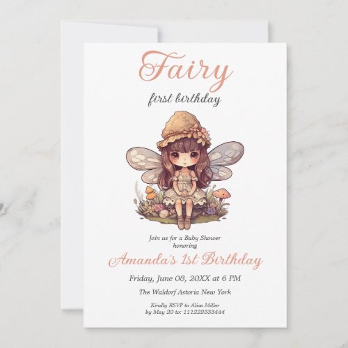 Enchanted Fairy with Mushrooms Girl First Birthday Invitation