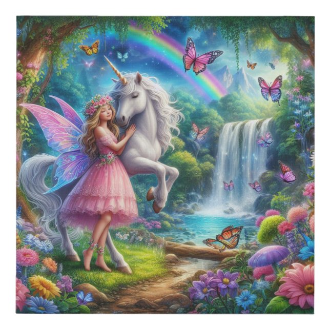 Enchanted Fairy with Unicorn Faux Canvas Print (Front)