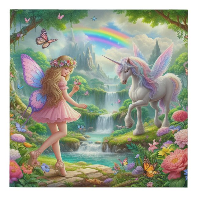 Enchanted Fairy with Unicorn Faux Canvas Print (Front)