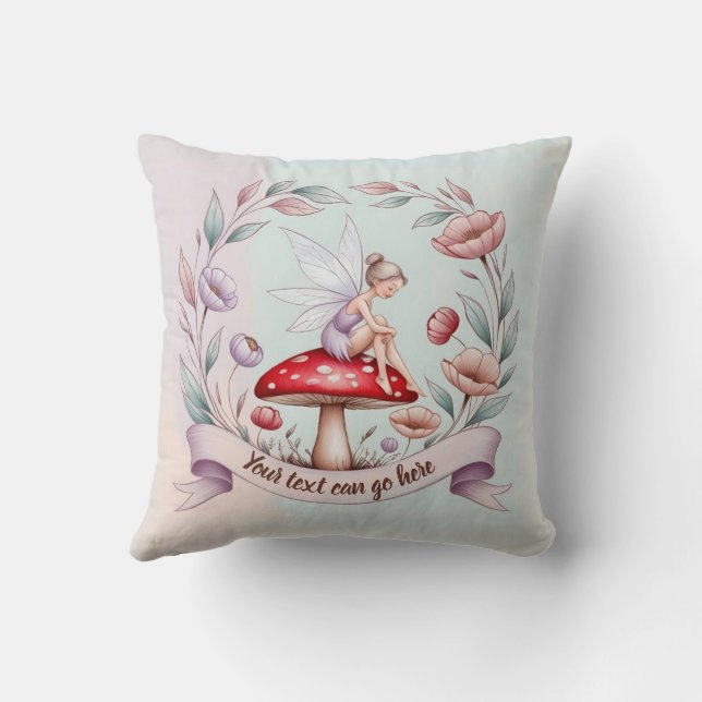 Enchanted Fairycore Fairy on a toadstool your text Throw Pillow (Back)