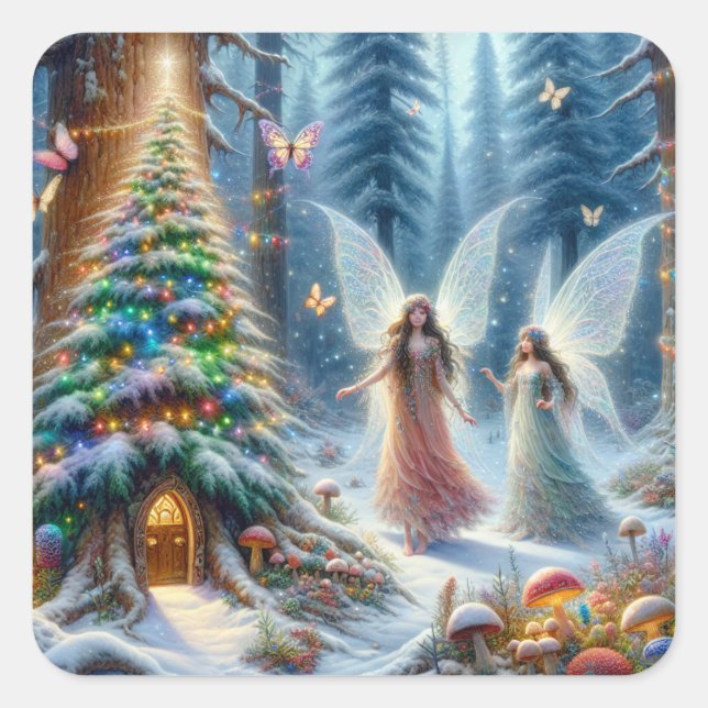Enchanted Fairytale Forest Personalized Christmas Square Sticker (Front)