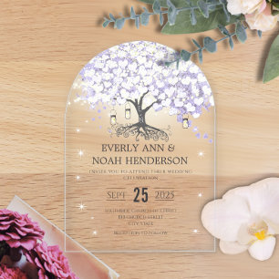 Enchanted Fairytale Lilac Heart Leaf Tree Wedding Acrylic Invitations