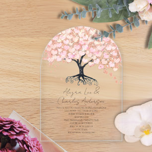 Enchanted Fairytale Pink Heart Leaf Tree Wedding Acrylic Invitations