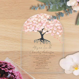 Enchanted Fairytale Pink Heart Leaf Tree Wedding Acrylic Invitations