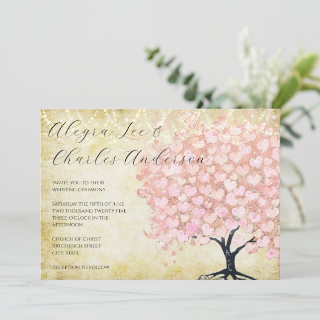 Enchanted Fairytale Pink Heart Leaf Tree Wedding Invitation (Standing Front)