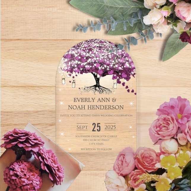 Enchanted Fairytale Purple Heart Leaf Tree Wedding Acrylic Invitations (Creator Uploaded)