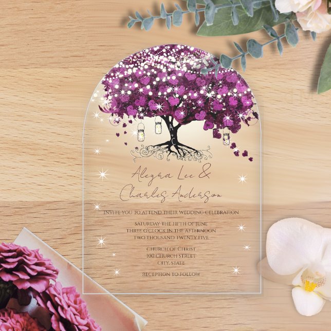 Enchanted Fairytale Purple Heart Leaf Tree Wedding Acrylic Invitations (Creator Uploaded)