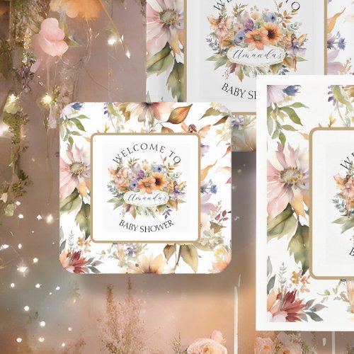 Enchanted Fall Fairy Floral Baby Girl Shower Square Paper Coaster