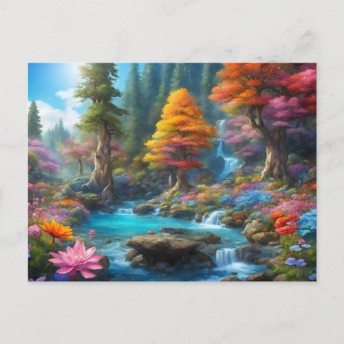 Enchanted Fantasy Forest Waterfall Flowers  Postcard