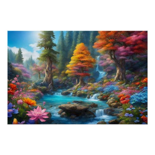Enchanted Fantasy Forest Waterfall Flowers  Poster