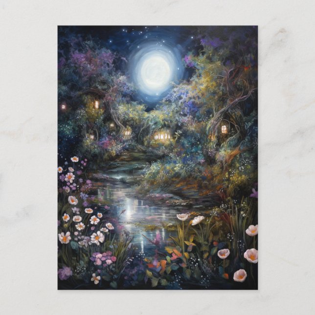 Enchanted Fantasy Moonlit Garden Landscape Postcard (Front)