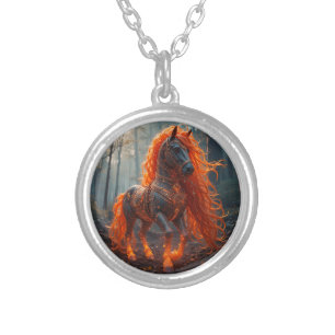Enchanted Fiery Horse With Vibrant Mane Silver Plated Necklace