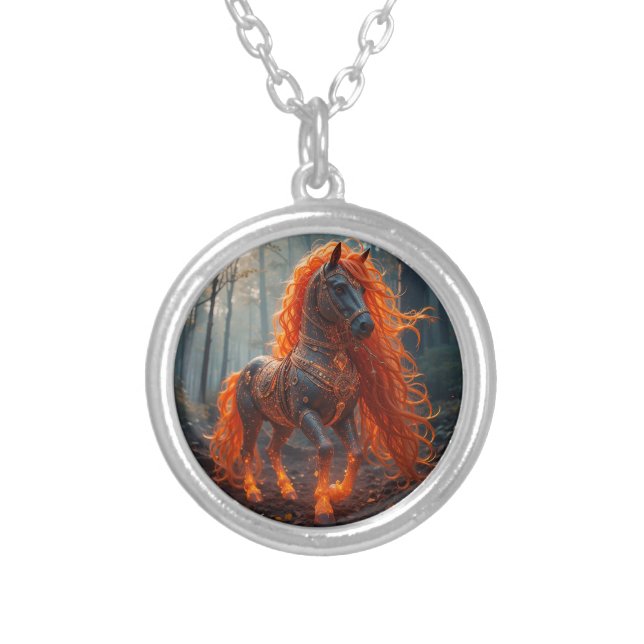 Enchanted Fiery Horse With Vibrant Mane Silver Plated Necklace (Front)