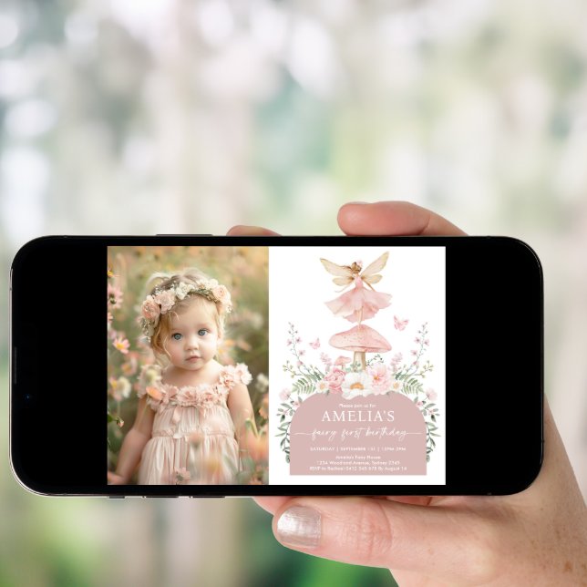 Enchanted Floral Fairy First 1st Birthday Photo Invitation (Front Digital)