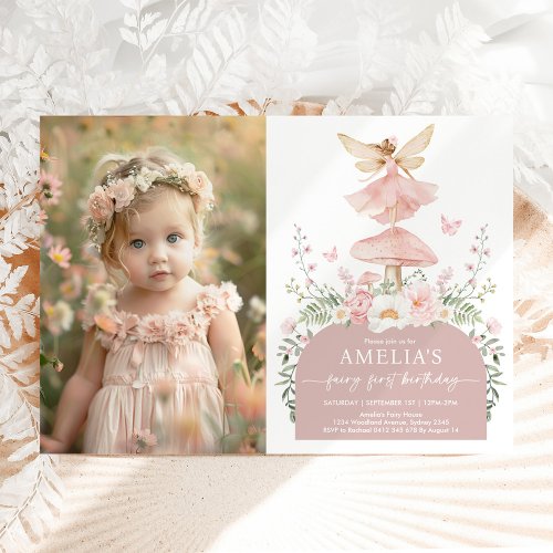 Enchanted Floral Fairy First 1st Birthday Photo Invitation
