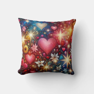 Enchanted Floral Hearts & Stars Throw Pillow
