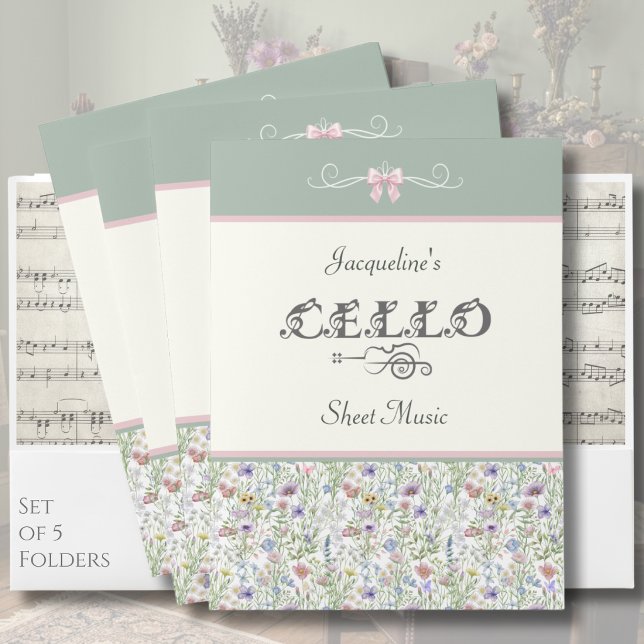 Enchanted Floral Meadow Cello Sheet Music Folders (Custom Cello Sheet Music Folder | Whimsical Sage Green & Pink Wildflower | Botanical Music Gear)