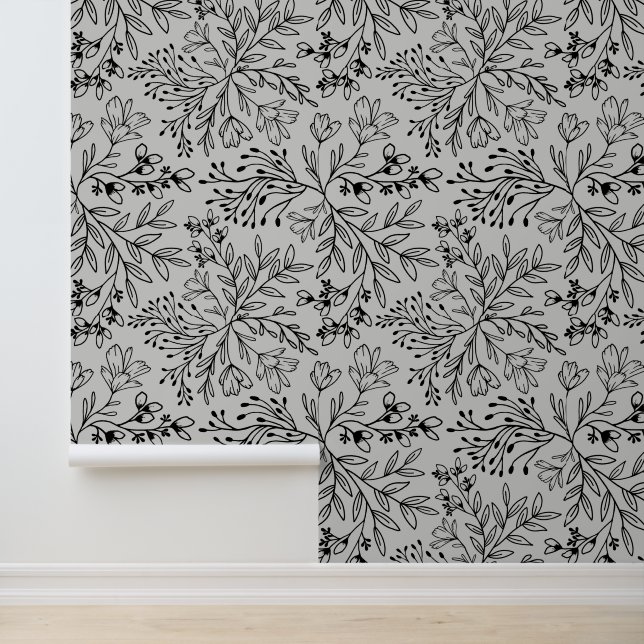 Enchanted Floral Meadow Dreams L2 Grey Black Flora Wallpaper (Application)