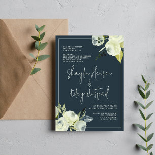 Enchanted Floral Midnight Blue Flowers Wedding Invitation