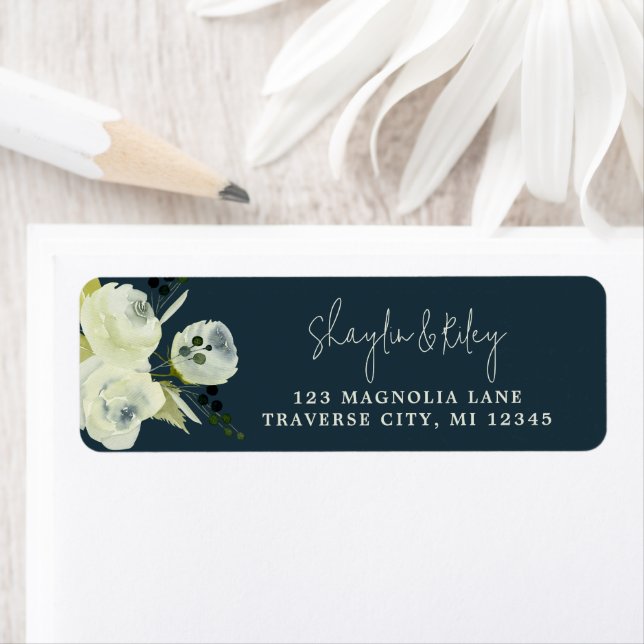 Enchanted Floral Midnight Blue Flowers Wedding Label (Insitu)