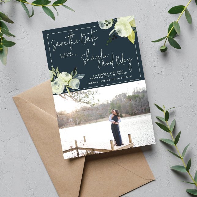 Enchanted Floral Midnight Blue Photo Save The Date (Creator Uploaded)