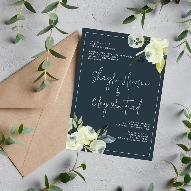 Enchanted Floral Midnight Blue Rehearsal Dinner Invitation (Creator Uploaded)