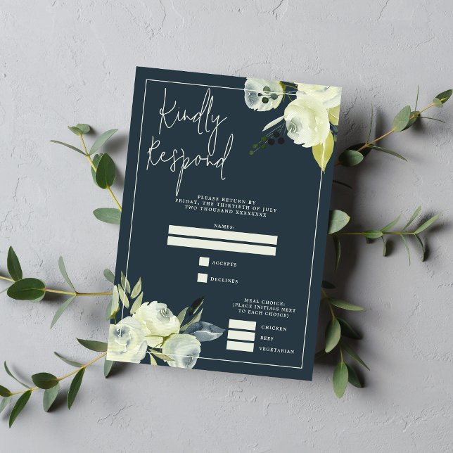 Enchanted Floral Midnight Blue Wedding RSVP Card (Creator Uploaded)
