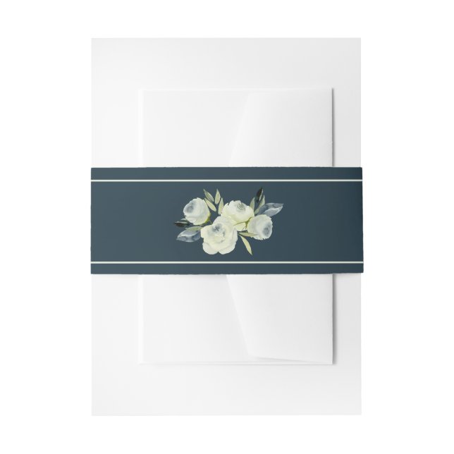 Enchanted Floral Navy Blue Wedding Invitation Belly Band (Front Example)