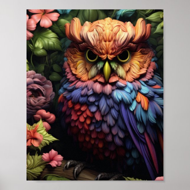 Enchanted Floral Owl – Vibrant Fantasy Forest Art Poster (Front)