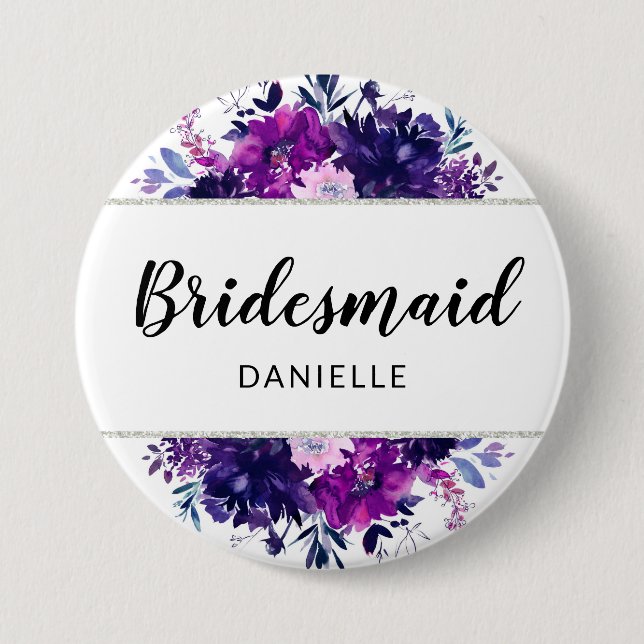 Enchanted Floral Purple Bridesmaid Monogrammed Button (Front)