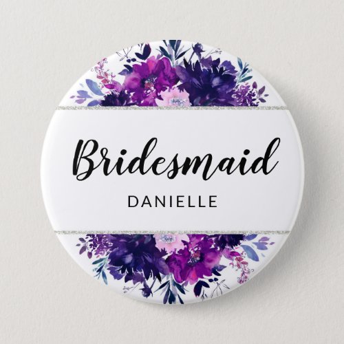 Enchanted Floral Purple Bridesmaid Monogrammed Button