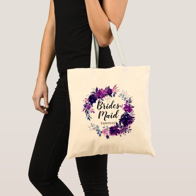 Enchanted Floral Purple Bridesmaid Monogrammed Tote Bag (Front (Product))