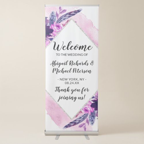 Enchanted Floral Purple Diamond Wedding Welcome Retractable Banner