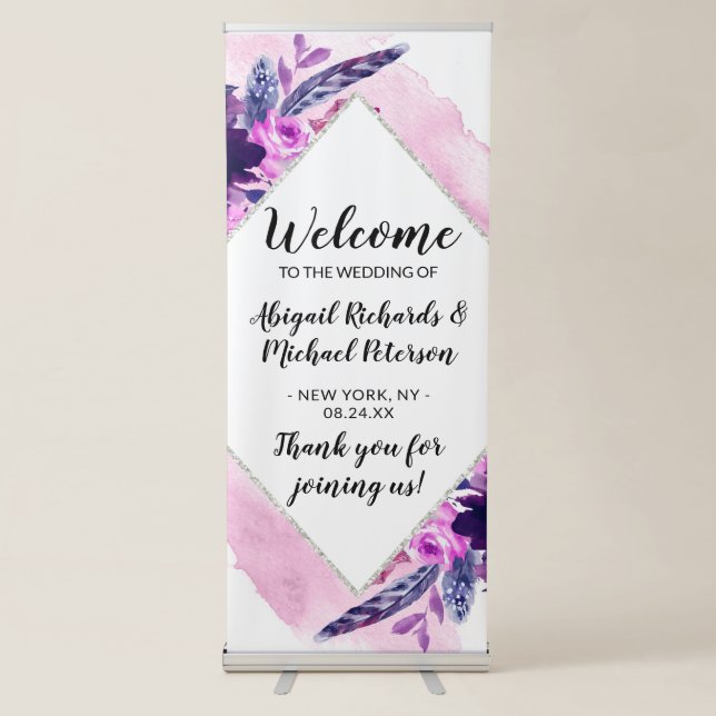 Enchanted Floral Purple Diamond Wedding Welcome Retractable Banner (Front)