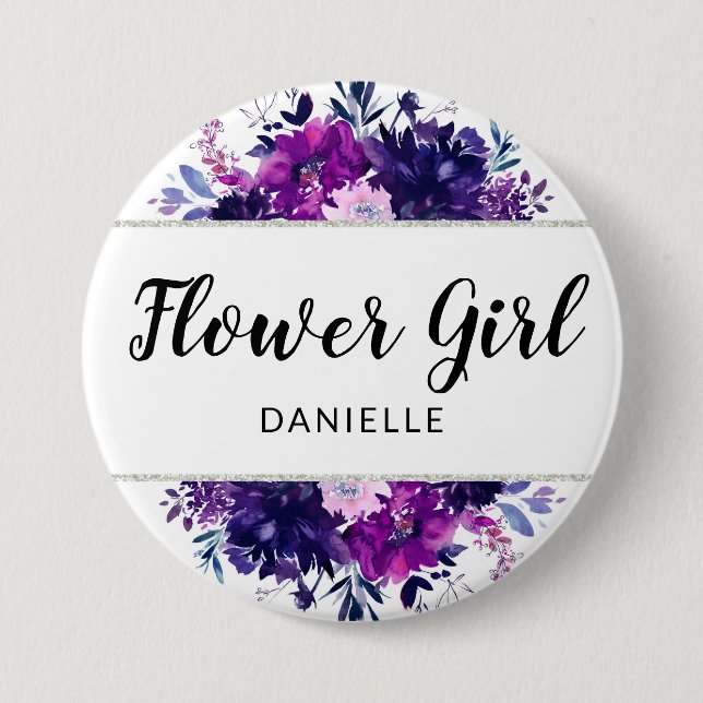Enchanted Floral Purple Flower Girl Monogrammed Button (Front)