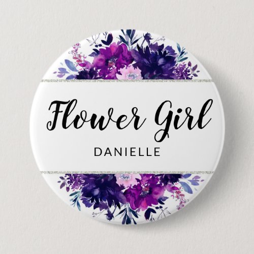 Enchanted Floral Purple Flower Girl Monogrammed Button