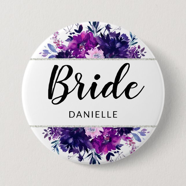 Enchanted Floral Purple Frame Bride Monogrammed Button (Front)