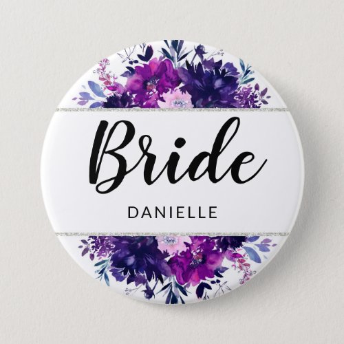 Enchanted Floral Purple Frame Bride Monogrammed Button