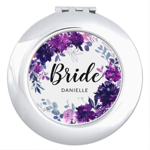 Enchanted Floral Purple Frame Bride Monogrammed Compact Mirror