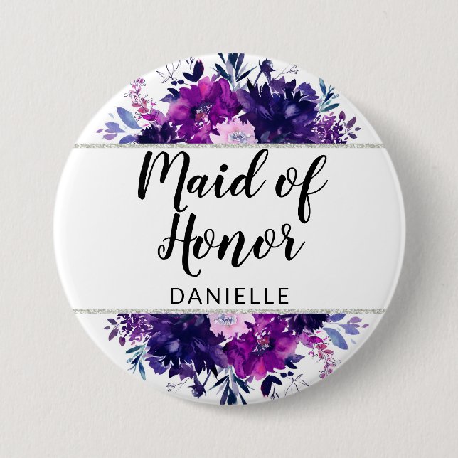 Enchanted Floral Purple Maid of Honor Monogrammed Button (Front)
