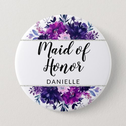 Enchanted Floral Purple Maid of Honor Monogrammed Button