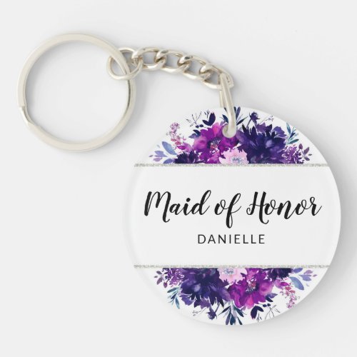 Enchanted Floral Purple Maid of Honor Monogrammed Keychain