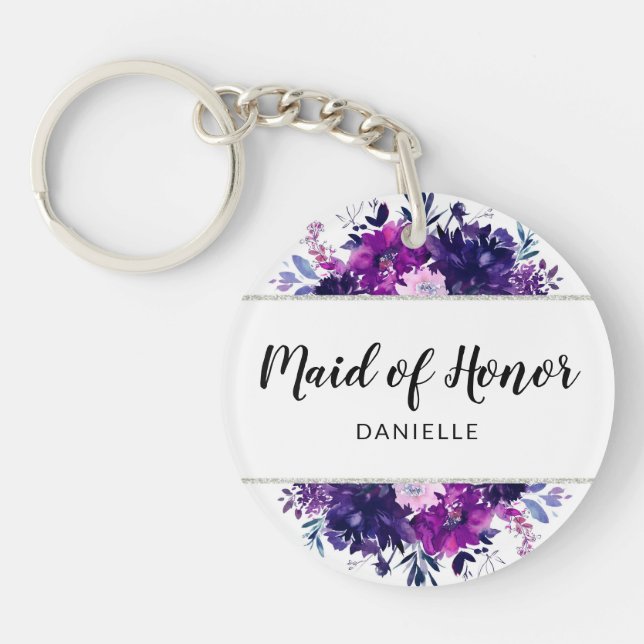 Enchanted Floral Purple Maid of Honor Monogrammed Keychain (Front)