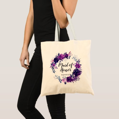 Enchanted Floral Purple Maid of Honor Monogrammed Tote Bag