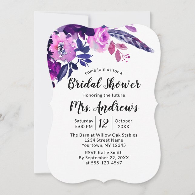Enchanted Floral Purple Watercolor Bridal Shower Invitation (Front)