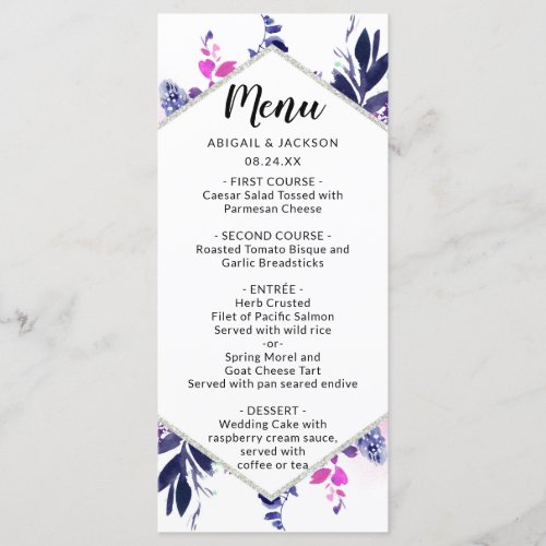 Enchanted Floral Purple Wedding Reception Dinner Menu