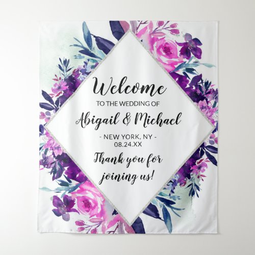 Enchanted Floral Purple Wedding Welcome Sign Tapestry