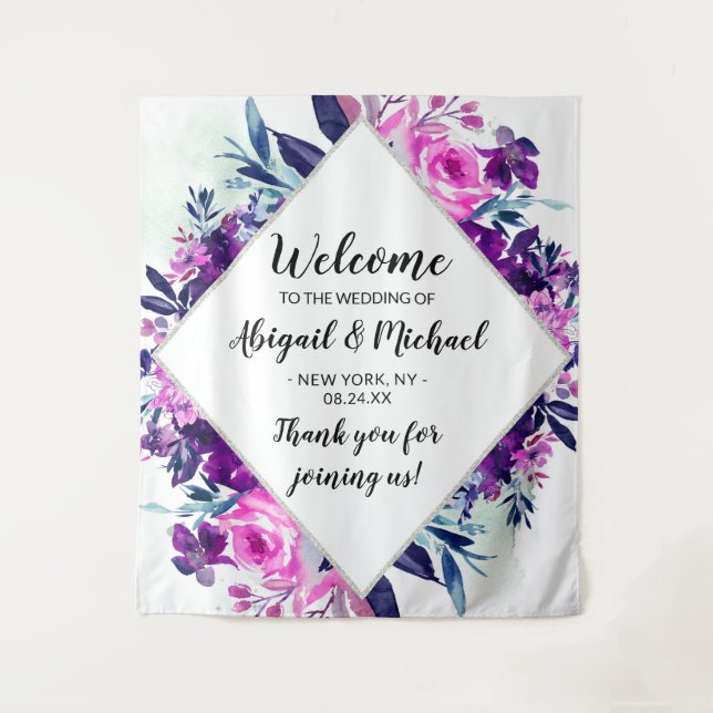 Enchanted Floral Purple Wedding Welcome Sign Tapestry (Front)